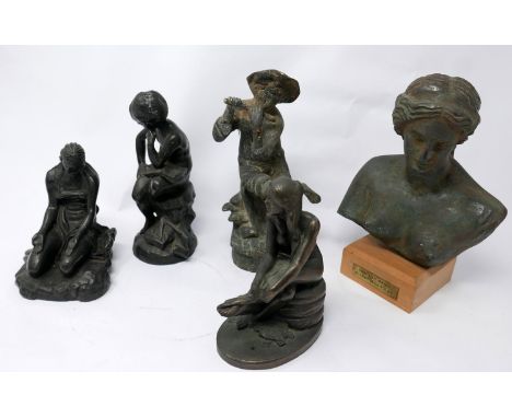 A collection of 5 figurines to include a verdigris bust of Aphrodite on a wooden plinth base 20 x 13 x 9cm, three resin seate