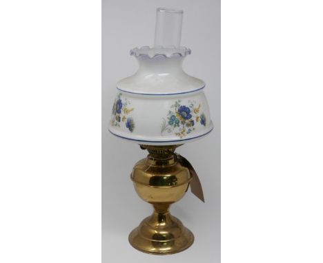 An early 20th century brass oil lamp with opaqure shade, H.47cm 