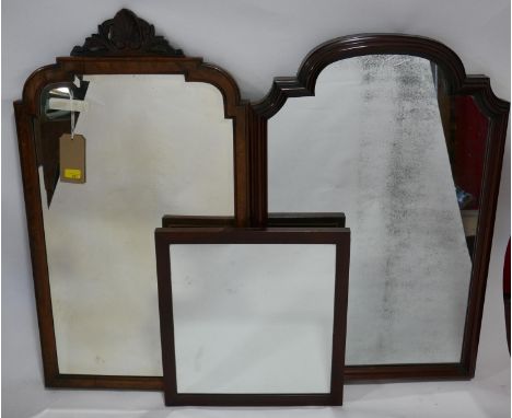 A Victorian walnut mirror with arch top and shell crest with beveled plate together with a mahogany example and a square maho