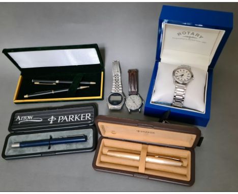 A Rotary Sapphire men's watch in original box, a Smiths Empire watch, a vintage Casio Casiotron watch and various pens to inc