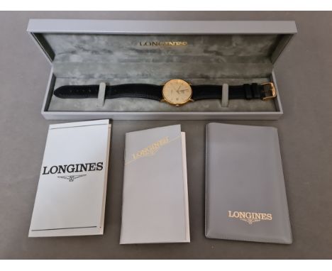 A gent's gold plated Longines Presence wristwtach, with box and papers.P&P £15 within UK