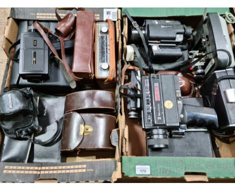 Two boxes of cameras, 8mm cine cameras, camera equipment including Bell &amp; Howell and a Roberts radio. 