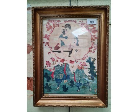 A Japanese late 19th century oban yoko-e shunga erotic print, 23cm x 32cm. 
