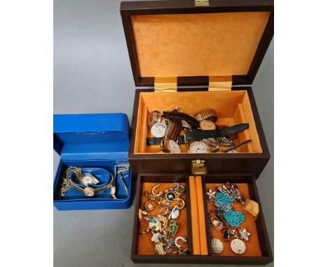 A jewellery box containing various vintage and modern earrings and selection of watches to include A boxed Rotary watch, Accu