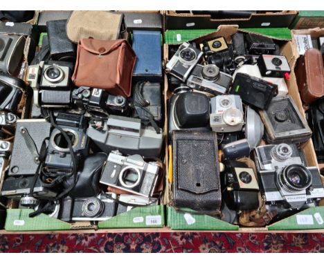 Two boxes of cameras and camera equipment including Olympus, Praktica, Kodak etc. 