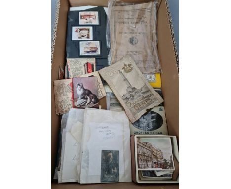 A box of mixed ephemera to include vintage cigarette cards, photographs, share certificate &amp; Opera Libretto No.3 the Bohe