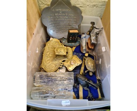 A box of mixed metalware and collectables including brassware, Masonic apron, Whitefriars glass vases etc. 