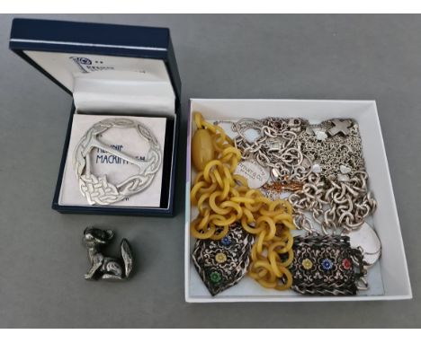 A Scottish Rennie Mackintosh style scarf ring together with a selection of white metal chains, etc. 