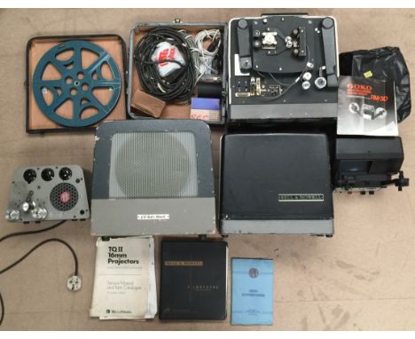 BELL AND HOWELL PROJECTORS AND SPEAKERS - Six pieces of vintage film equipment to include a Bell and Howell 644 16mm sound pr