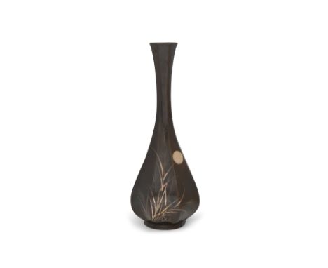 A JAPANESE BRONZE 'PAMPAS GRASS AND MOON' VASEJapan, Meiji periodThe octagonal-section, pear-shaped body extending to a long 