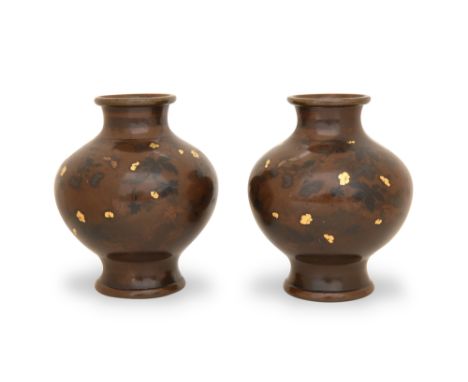 A PAIR OF BRONZE 'BUTTERFLIES AND BLOSSOMS' VASES BY THE NOGAWA COMPANYJapan, Meiji period, 19th centuryEach with a compresse