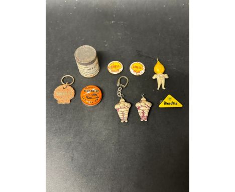 A selection of promotional garage-related items including badges, keyrings etc. Shell, BP, Michelin etc. 
