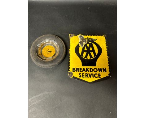 An AA Breakdown Service pennant-shaped enamel sign plaque and a Dunlop tyre advertising ashtray. 