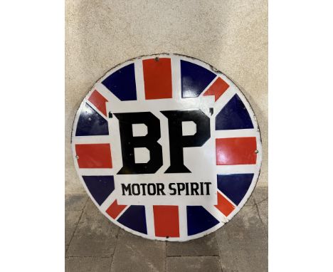 A BP Motor Spirit 'Union Jack' circular enamel advertising advertising sign, with some professional restoration, 14 3/4" diam