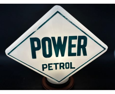 A Power Petrol lozenge shaped glass petrol pump globe, some fading to lettering, significant crack through globe, see images,