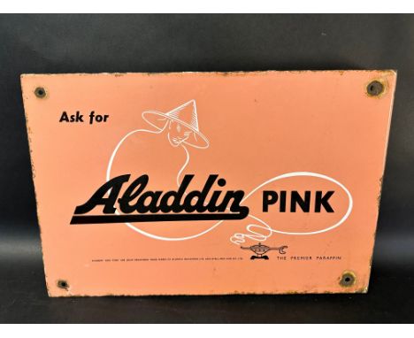 An Aladdin Pink 'The Premier Paraffin' double sided enamel advertising sign with image of genie and a lamp, hanging flange, 1