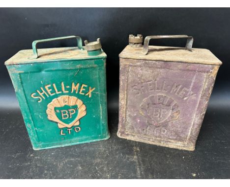 Two Shell-Mex &amp; BP Ltd two gallon petrol cans, one repainted with BP cap, Valor 6 39, the other with Shell Cap, date indi