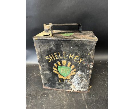 A Shell-Mex BP Ltd two gallon petrol can with plain cap, some repainting to lettering etc. 