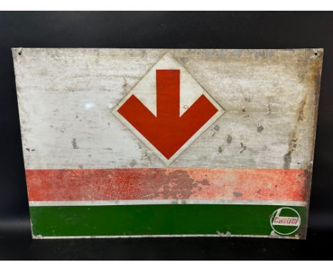 A Castrol tin sign with directional arrow sticker applied to the centre, 27 x 18". 