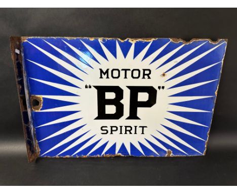 A BP Motor Spirit double sided enamel advertising sign with hanging flange, dated 9/26, 24 1/4 x 16".