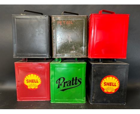 Six 2 gallon petrol cans of various ages and conditions, a Shell cap, a Pratts cap and four plain caps, Valor K, Valor 6 45, 