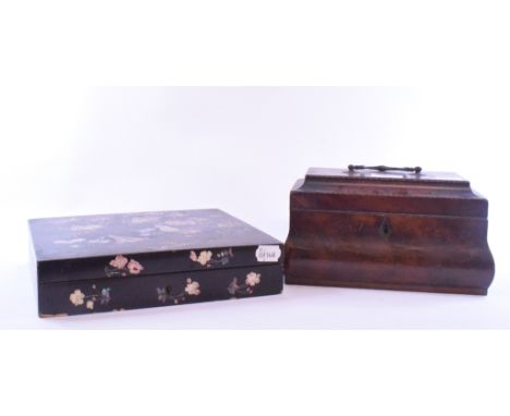 A George III mahogany tea caddy, with boxwood stringing and a three division interior, 25 cm wide, and a Japanese mother of p