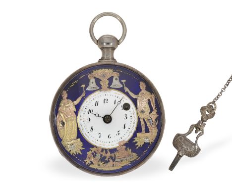 Taschenuhr: sehr schöner Figurenautomat Jacquemart mit Viertelstunden-Repetition, ca. 1820: Ca. Ø55mm, ca. 122g, Silbergehäus