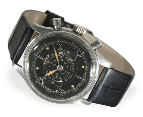 Armbanduhr: übergroßer Lemania-Chronograph mit seltenem schwarzen Zifferblatt, ca. 1950er-Jahre: Ca. Ø39mm, Edelstahl, Schrau