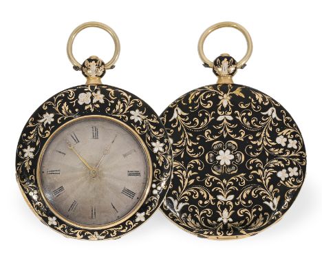 Taschenuhr: extrem flache Gold/Emaille-Zylinderuhr mit dezentralem Zifferblatt, Bautte Geneve um 1830: Ca. Ø38mm, ca. 29g, 18