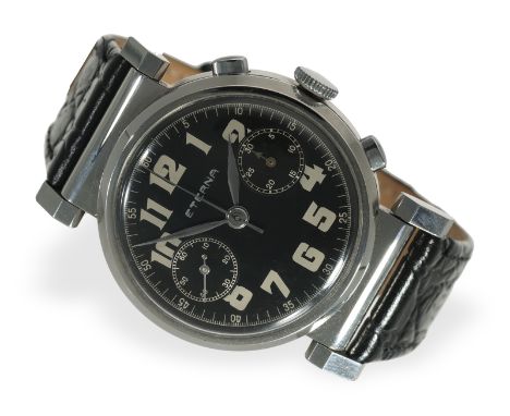 Armbanduhr: sehr seltener, übergroßer Eterna Chronograph in Stahl, Spezialgehäuse, ca. 1940er-Jahre: Ca. Ø37,5mm (ohne Bandan