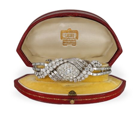 Armbanduhr: vermutlich ein "Pièce Unique", Cartier Montre à Secret "Nœuds d'amour", Platin, Extrakt, 1956: Ca. 18,5cm lang, c