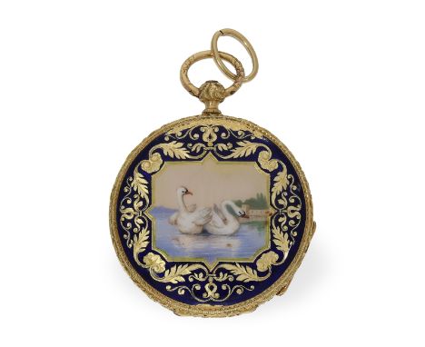 Taschenuhr: hochfeine Gold/Emaille-Lepine mit Lupenmalerei, Courvoisier Freres, um 1840: Ca. Ø33mm, ca. 23g, 18K Gold, dunkel