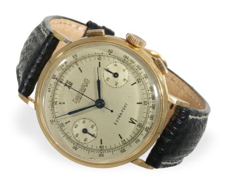 Armbanduhr: übergroßer vintage Chronograph Eberhardt Extra-Fort in 18K Gold, 1940er-Jahre: Ca. Ø39,5mm, 18K Gold, vergoldete 