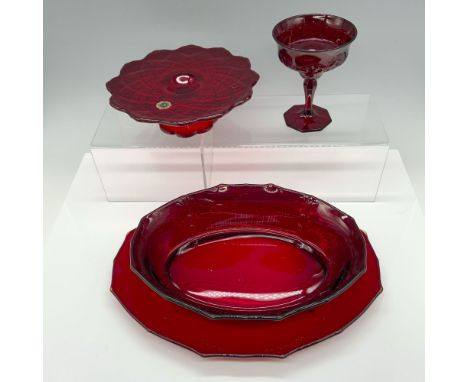 Stunning collection of ruby red glassware that consists of a Westmoreland footed dessert tray, an oval serving tray, an oval 