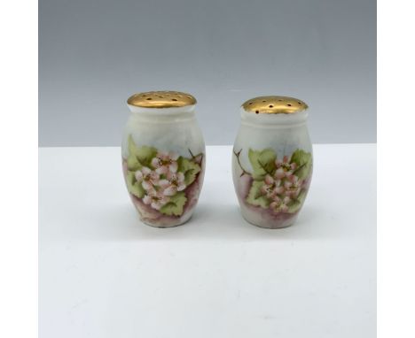 Delightful pair of ceramic salt and pepper shakers decorated with hand painted pink flowers and a gilt top. O &amp; E.G. Aust