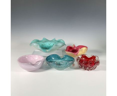 A striking five-piece set of hand blown glass home decor bowls, each featuring vibrant colors, unique swirls, textures, and p