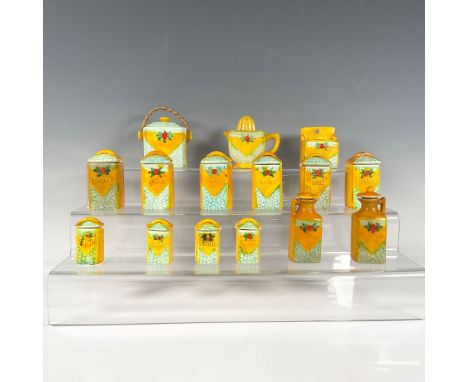 A set of 15 ceramic miniature kitchen spice jugs, decorated in sunrise yellow with green foliage patterns, that includes jugs