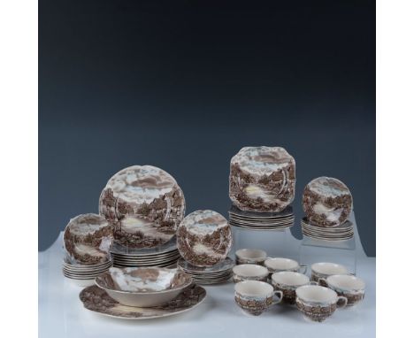 Complete 8 person service plus two serving dishes in this Johnson Brothers transferware, featuring pastoral scenes. Service i