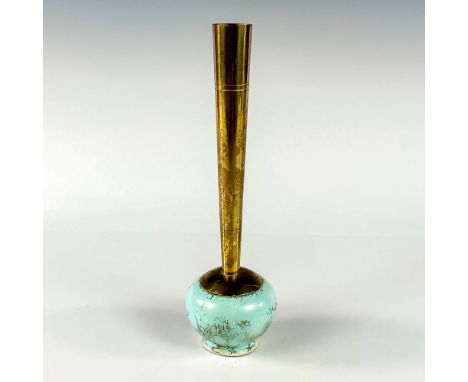 Turquoise with lustre finish and branch patterning. Round body. Narrow brass spout. Hand Painted Delft Holland on bottom. Thi