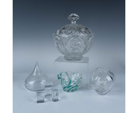 A fun lot of crystal and glass items that include a lidded candy bowl from Crystal Clear's Edinburgh series, a crystal round 