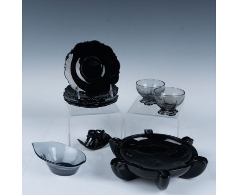 Art deco glassware with black and smokey coloring that consists of a Heisey leaf relish dish, a pair of Heisey smokey flower 