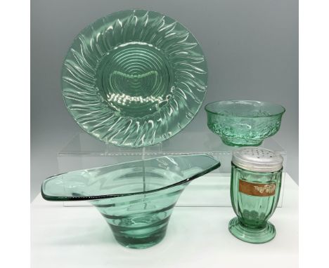 Stunning collection of clear aquamarine glassware that includes a Jeannette Glass Ultramarine Blue swirl plate, a Jeannette G