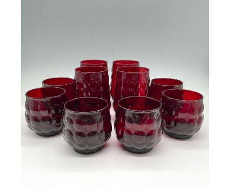 Ruby red set of 6 Old Fashion Glasses (3.25"H) and 4 Whiskey glasses (4.5"H). Anchor Hocking impressed mark. Largest piece 4.