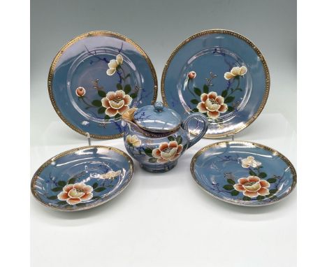 Beautiful hand painted design of florals and vines with gilt rim and raised gemstone accents. Lot includes 2 saucers 5.5" dia