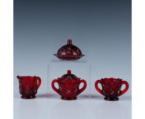 Lovely Westmoreland Glass Company miniature ruby amberina tea set. Includes one sugar bowl and one round butter plate with li