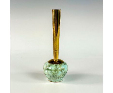 Turquoise with lustre finish and branch patterning. Round body. Narrow brass spout. Hand Painted Delft Holland on bottom. Thi