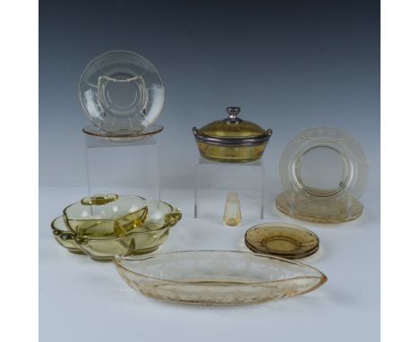 Collection includes Heisey etched Old Colony Sahara glass serving dish; 3 round etched bread plates; 2 paneled saucer plates;