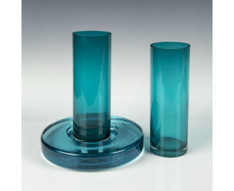 Stunning collection of aqua glassware that includes a round, wide rimmed bowl backstamped Holmegaard, and two cylindrical art