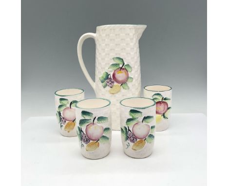 Simple basket weave pattern on pitcher and glasses with colorful fruit design. Japan backstamp. Largest piece 6"L x 4.25"W x 