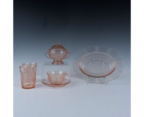 Fantastic collection of pink depression glass featuring the Rose of Sharon or the Cabbage Rose pattern which includes an oval